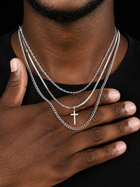 Men's Silver Cross Pendant Layered Necklaces